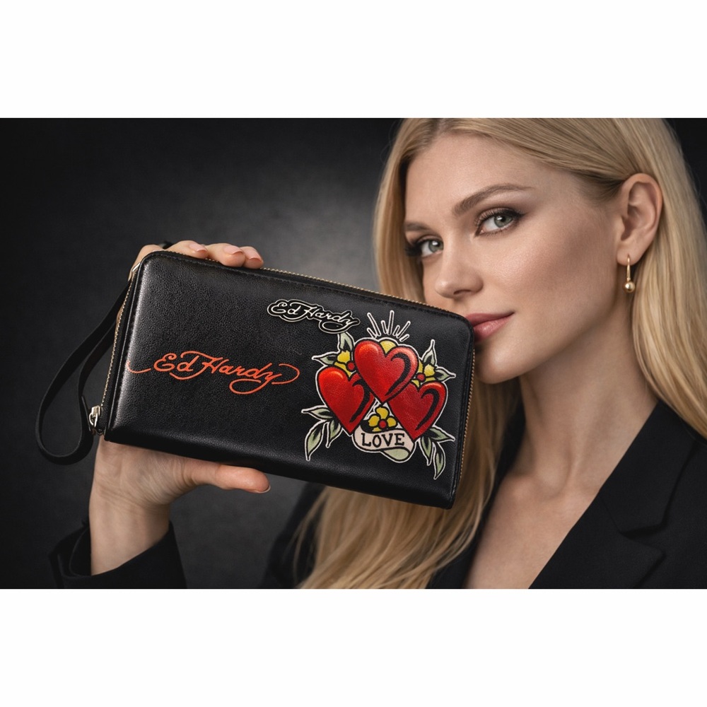 Ed Hardy New Love Inside Pocket Multi Card Slots Raised Black and Silver Logo